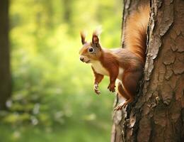 Beautiful squirrel on a tree in a forest park in the summer. Generative AI photo