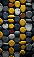 Some colorful stones are displayed, dark navy and yellow, AI Generative photo