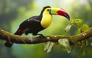 Chesnut mandibled Toucan sitting on the branch in tropical rain with a green jungle. Generative AI photo