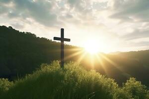 The cross of God with green Leaf, in the rays of the sun and blue sky. Cross on the hill with green trees and graeen natural view. Religious concept, AI Generative photo