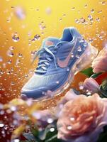 Sports shoes surrounded by transparent flowers, splashing with water droplets, emitting light white blue, AI Generative photo