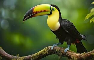 Chesnut mandibled Toucan sitting on the branch in tropical rain with a green jungle. Generative AI photo