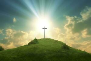 The cross of God with green Leaf, in the rays of the sun and blue sky. Cross on the hill with green trees and graeen natural view. Religious concept, AI Generative photo