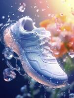 Sports shoes surrounded by transparent flowers, splashing with water droplets, emitting light white blue, AI Generative photo