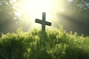 The cross of God with green Leaf, in the rays of the sun and blue sky. Cross on the hill with green trees and graeen natural view. Religious concept, AI Generative photo