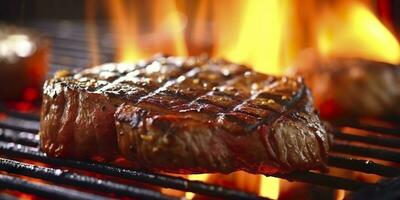 Beef ribeye steak grilling on a flaming grill. Generative AI photo