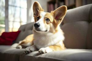 Beautiful, smart, calm purebred corgi dog lying on on sofa in living room. Generative AI photo