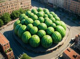 Many giant watermelons are piled up in the city center photo