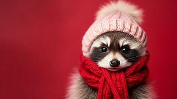 Portrait cute baby raccoon at warm knitted hat and scarf isolated on red background. Horizontal winter banner template with copy space. AI Generated photo