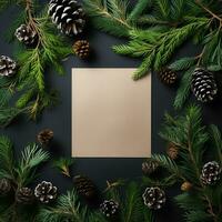 Christmas square card note between fir branches and pine cones on dark green background. Creative Xmas or New Year table layout. Festive rustic banner template for social media post. AI Generated photo