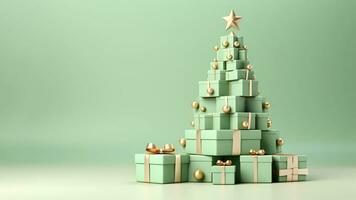 3d Navidad árbol hecho de regalo cajas, ligero verde y dorado colores. minimalista resumen Navidad árbol aislado en pálido verde antecedentes con Copiar espacio. ai generado foto