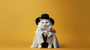 Cute white cat in Halloween victorian costume isolated on yellow background with copy space. Fluffy kitty in black hat and white mantle. AI Generative photo