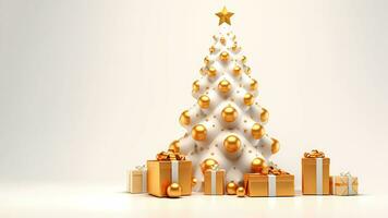 3d Christmas tree with golden balls and star, glittering wrapped gift boxes isolated on white background. Minimalistic Merry Xmas and Happy New Year banner template with copy space. AI Generated photo