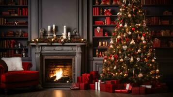 Christmas or New Year cozy home interior. Magic glowing tree with golden and red decorations, fireplace, shelves with books and candles, gifts boxes and velvet armchair. Xmas eve. AI Generated photo