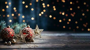 Merry Christmas and Happy New Year background with luxury red balls, fir branches, golden stars and bokeh lights on blurred backdrop. Winter holidays decoration banner with copy space. AI Generated photo