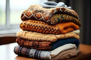 Pile of warm knitted sweaters on wooden table. Warm wool clothes stack. Autumn or winter fashion style. Cozy season concept. AI Generated photo