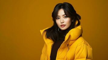 Portrait of beautiful young Asian woman with clean fresh skin in yellow warm jacket isolated on background. Horizontal banner template with copy space. AI Generated photo