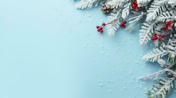 Winter composition with red berries, snowflakes, snowy tree branches and cones isolated on pastel blue background. Christmas, New Year banner concert. Flat lay, top view, copy space. AI Generated photo