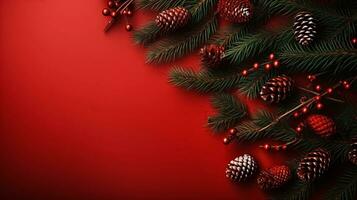 Christmas decorations, fir tree branches and cones on red background with copy space. Happy New Year and Merry Xmas banner design. Flat flat, top view, copy space. Ai generated photo