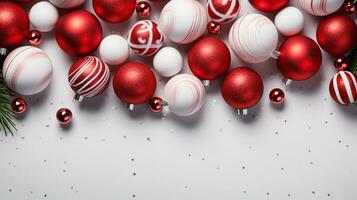 Merry Christmas and Happy New Year background with red and white balls decoration, silver stars confetti. Festive winter holiday banner template with copy space. Ai generated photo