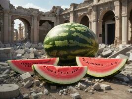 Slices of watermelon in the middle of the destroyed city as a symbol of freedom for Palestine photo