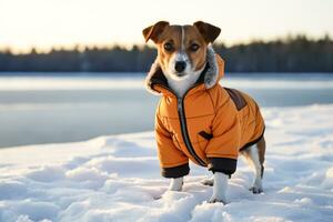 Cute Jack Russell terrier in orange winter warm jacket walking on snowy field. Blurred background with forest. Portrait funny dog, looking at camera. Pets lifestyle. AI Generated photo