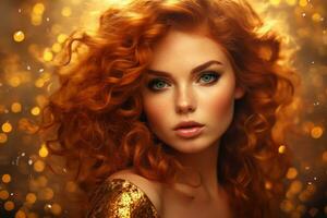 Curly Redhead Woman with stylish makeup on golden glitter on golden sparkling background. photo