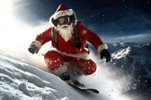 un acción Disparo de Papa Noel claus Snowboarding abajo un montaña pendiente, combinatorio el emoción de extremo Deportes con el magia de Navidad. foto