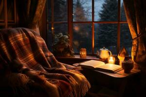 A warm reading nook with books, a warm blanket. Generative Ai photo