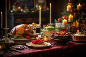 A set table with a vintage Christmas feast, complete with a roast turkey, plum pudding, and other classic dishes. photo