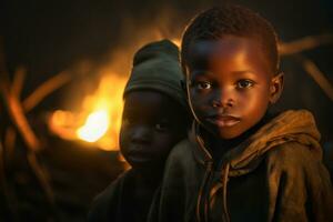 pobre africano niños con sucio y Rasgado ropa. concepto Ayudar africano niños. generativo ai foto