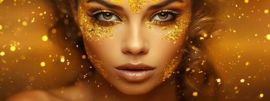 Banner of Young woman with golden stylish glitter makeup on golden sparkling background. photo