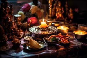 Diwali puja prayers with a beautifully decorated puja thali, idols, and incense. Generative Ai photo