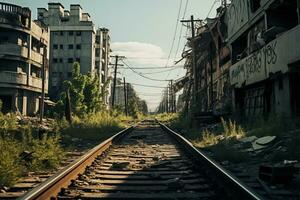 A cityscape image featuring decaying buildings, overgrown vegetation, and a sense of abandonment, illustrating the theme of urban decay in a dystopian world. Generative AI photo