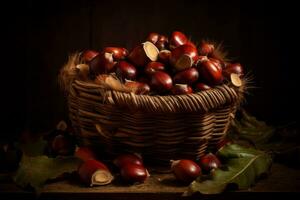 Artistic shots of fresh chestnuts spilling out of a rustic basket, highlighting their natural beauty. Generative Ai photo