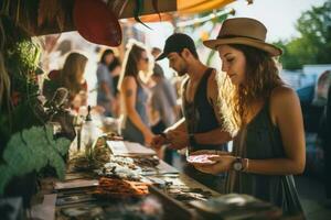 Lifestyle shots of people enjoying a vegan lifestyle, including shopping at farmers' markets and choosing eco-friendly products. Generative Ai photo