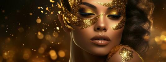 Young model with golden glitter stylish makeup on golden sparkling background. Ideal for web banner. photo