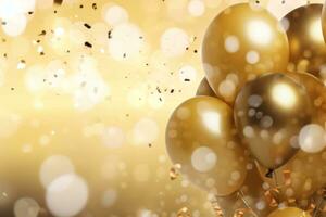 New year balloons gold and silver , confetti flying on gold background. Generative AI photo