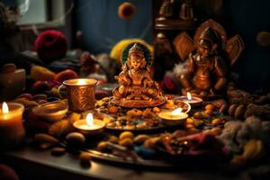 Diwali puja prayers with a beautifully decorated puja thali, idols, and incense. Generative Ai photo