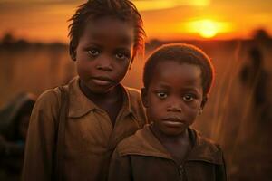 pobre africano niños con sucio y Rasgado ropa. concepto Ayudar africano niños. generativo ai foto