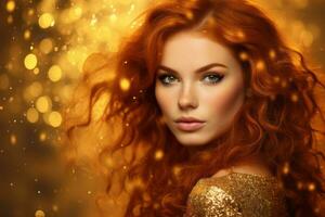 Curly Redhead Woman with stylish makeup on golden glitter on golden sparkling background. photo