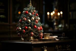 A nostalgic image of a beautifully decorated vintage Christmas tree adorned with traditional ornaments and tinsel. photo