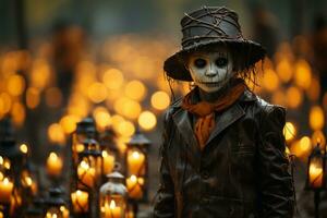 Halloween costumes creatively displayed amidst the eerie backdrop of a cemetery with Jack o' Lanterns. Generative Ai photo