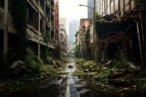 A cityscape image featuring decaying buildings, overgrown vegetation, and a sense of abandonment, illustrating the theme of urban decay in a dystopian world. Generative AI photo