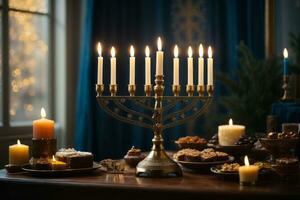 un hermosamente arreglado imagen presentando el Menorah y el Encendiendo de Janucá nueve velas, capturar el tradicion y simbolismo de el fiesta generativo ai foto