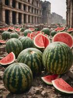 Giant watermelons are scattered in the corners of the destroyed city photo