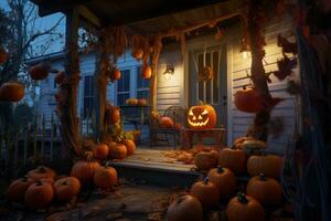 An outdoor porch or doorway decorated with fall foliage, carved pumpkins, orange string lights and scarecrows. Generative Ai photo