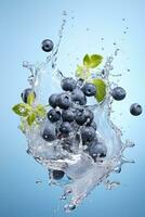 Water splashing on blueberry over blu background. Generative Ai photo