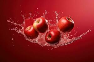 Water splashing on red apples over red background. Generative AI photo