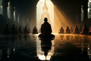 monjes meditando en un monasterio, capturado en profundo concentración y serenidad, reflejando el práctica de budismo. generativo ai foto